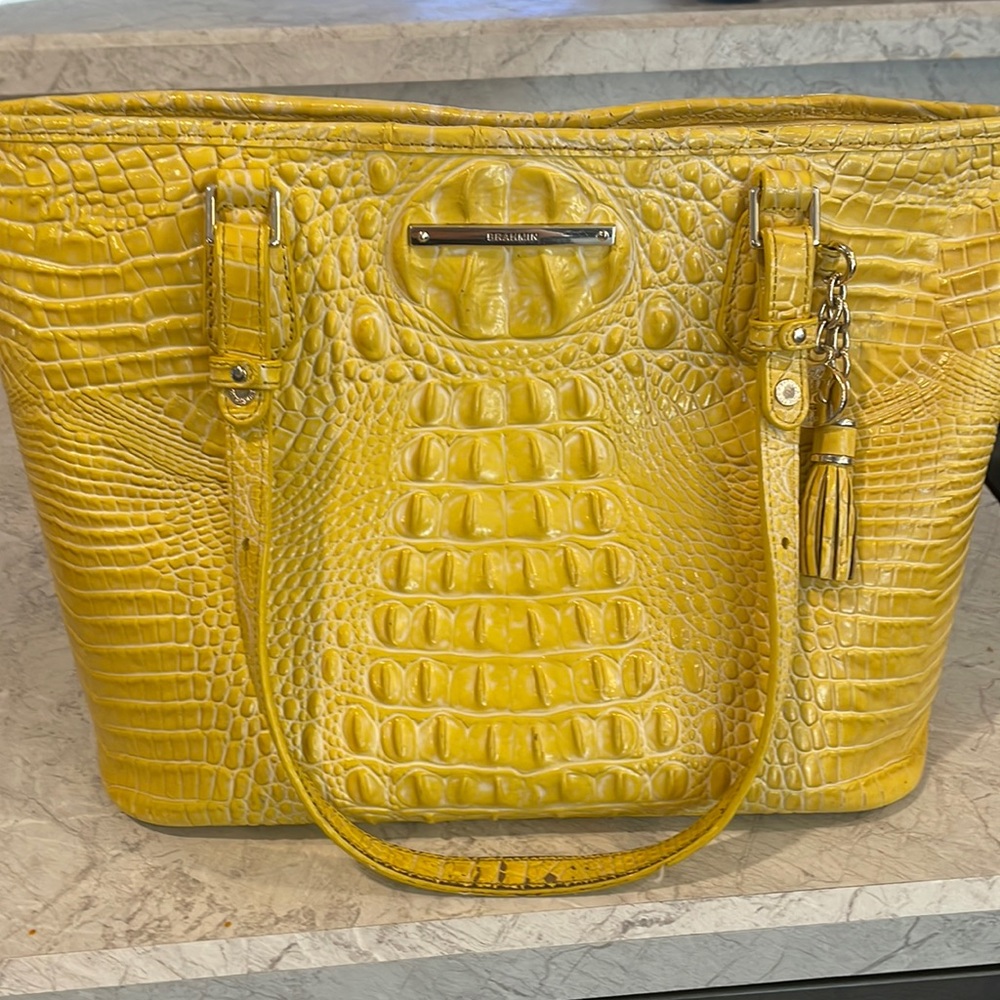 Brahmin Yellow Croc-Embossed Leather Shoulder Tote with Tassel Charm
